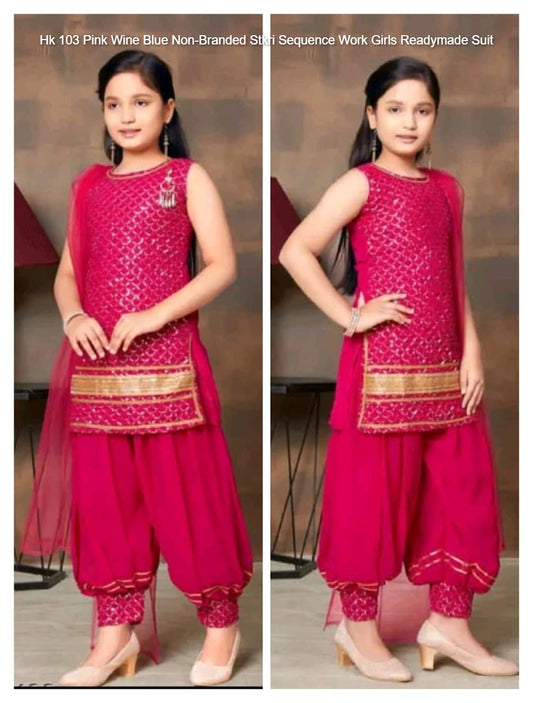 Hk 103 Pink Wine Blue Non-Branded Stkri Sequence Work Girls Readymade Suit