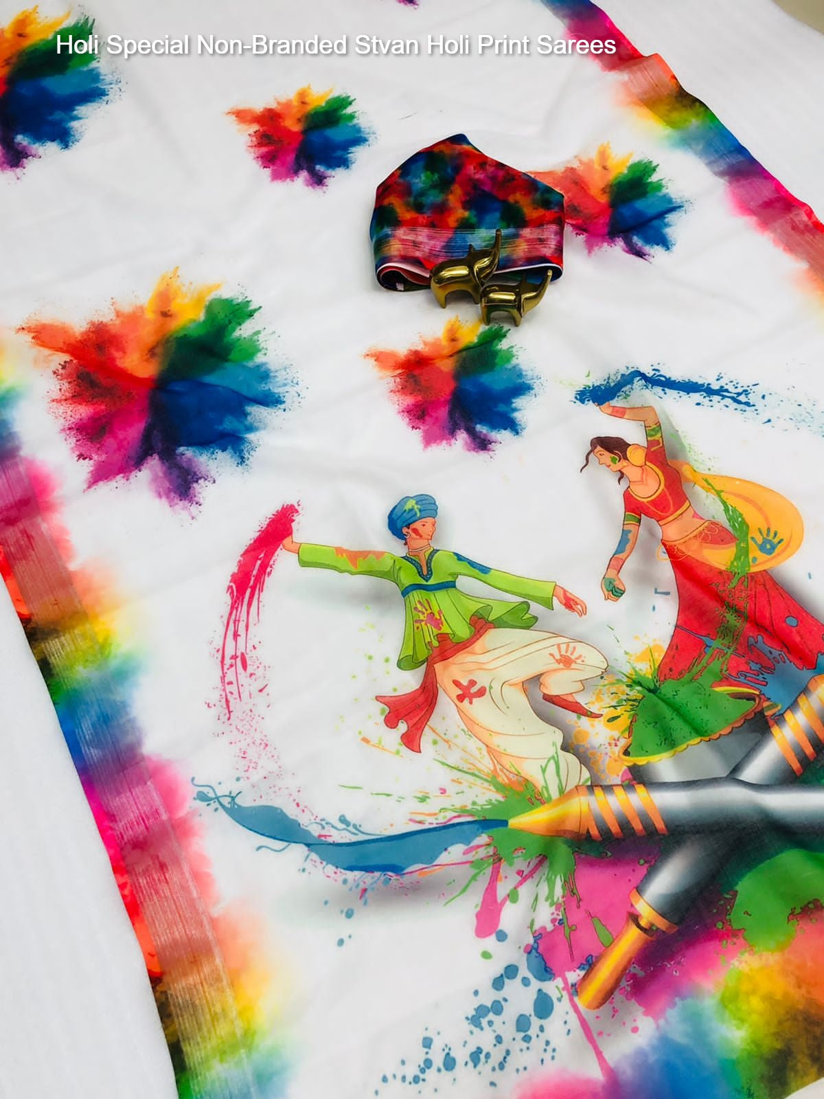 Holi Special Non-Branded Stvan Holi Print Sarees