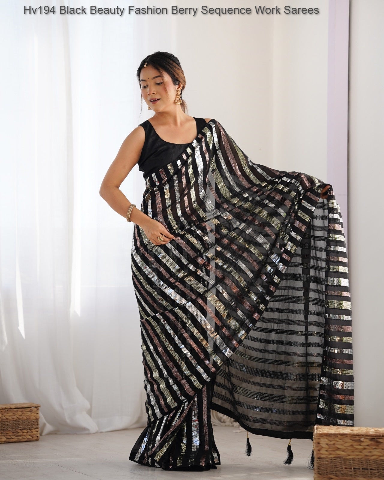 Hv194 Black Beauty Fashion Berry Sequence Work Sarees