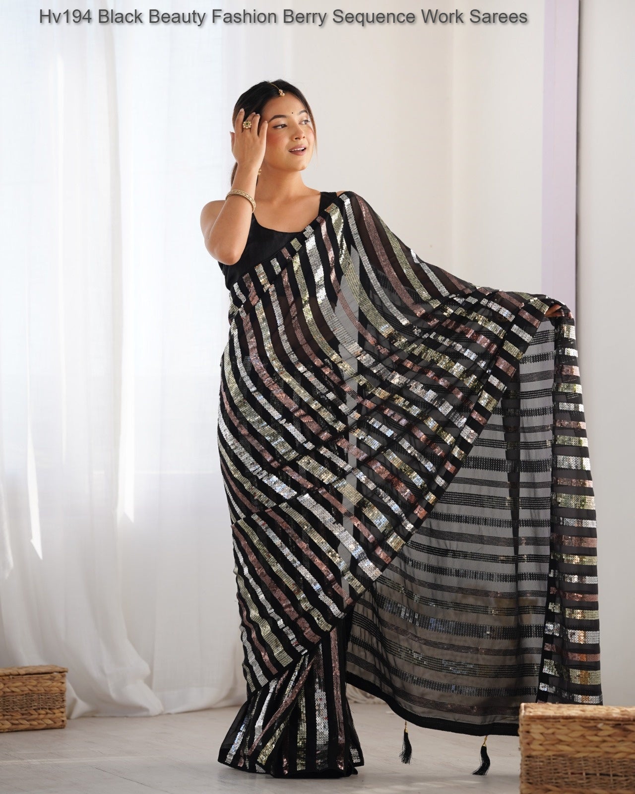 Hv194 Black Beauty Fashion Berry Sequence Work Sarees