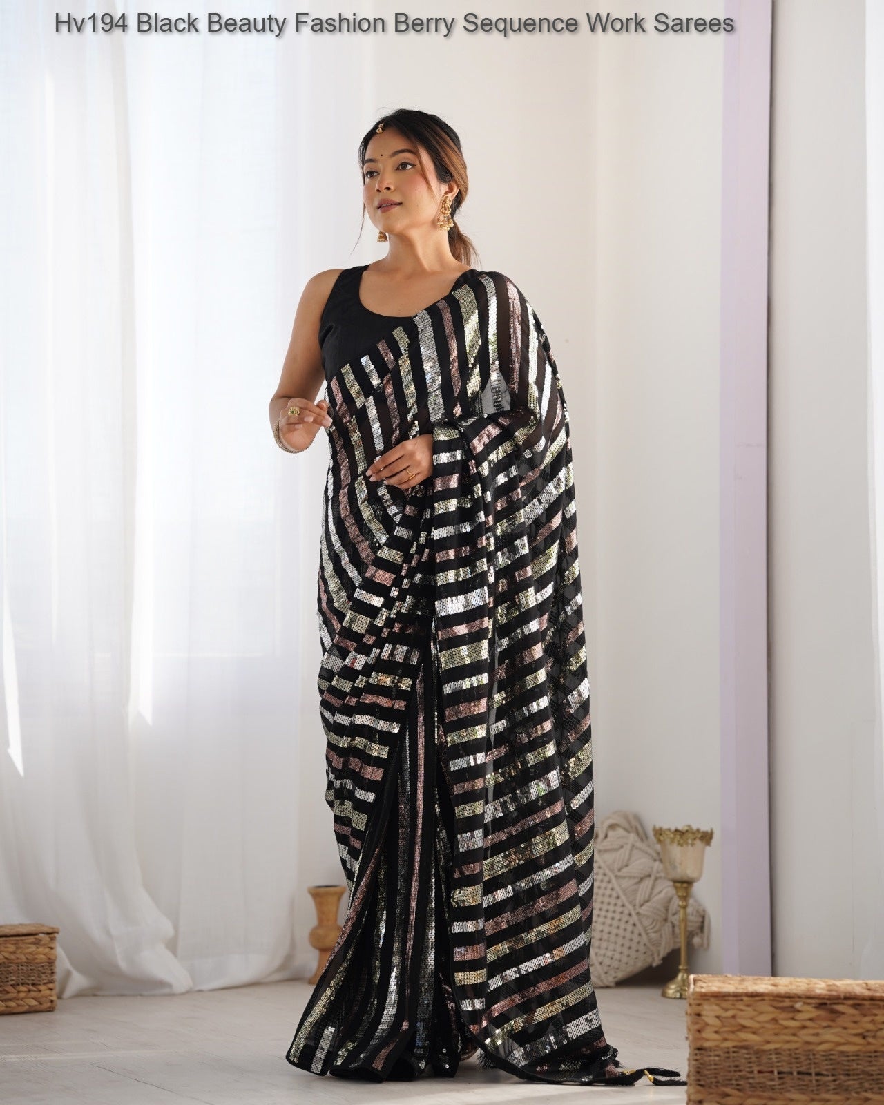 Hv194 Black Beauty Fashion Berry Sequence Work Sarees