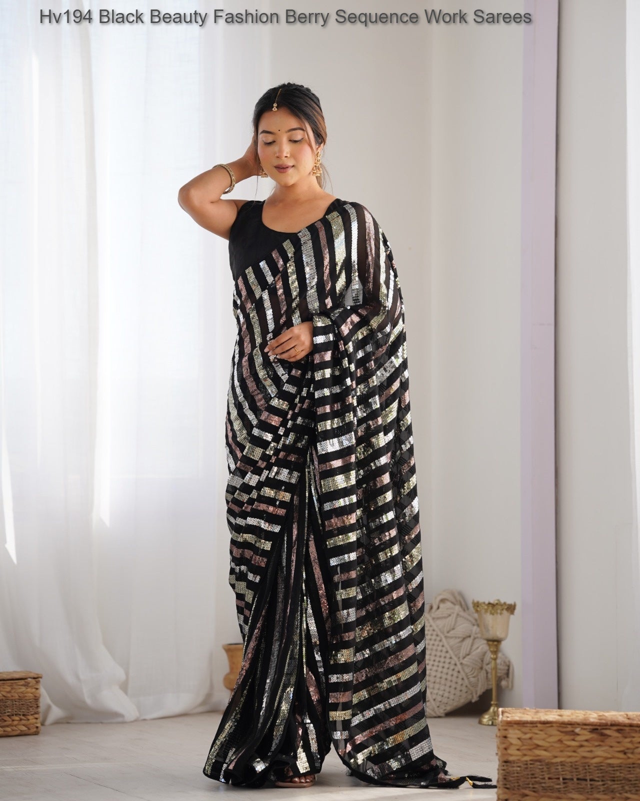Hv194 Black Beauty Fashion Berry Sequence Work Sarees