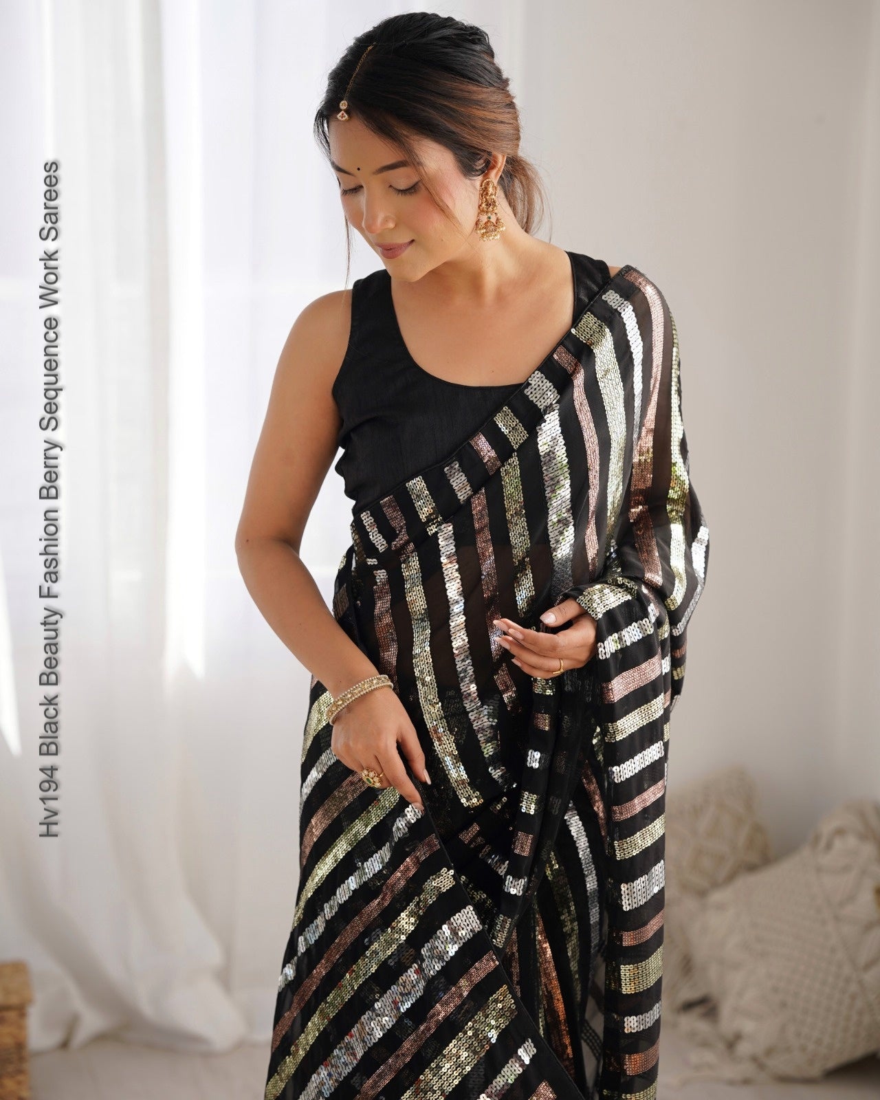 Hv194 Black Beauty Fashion Berry Sequence Work Sarees