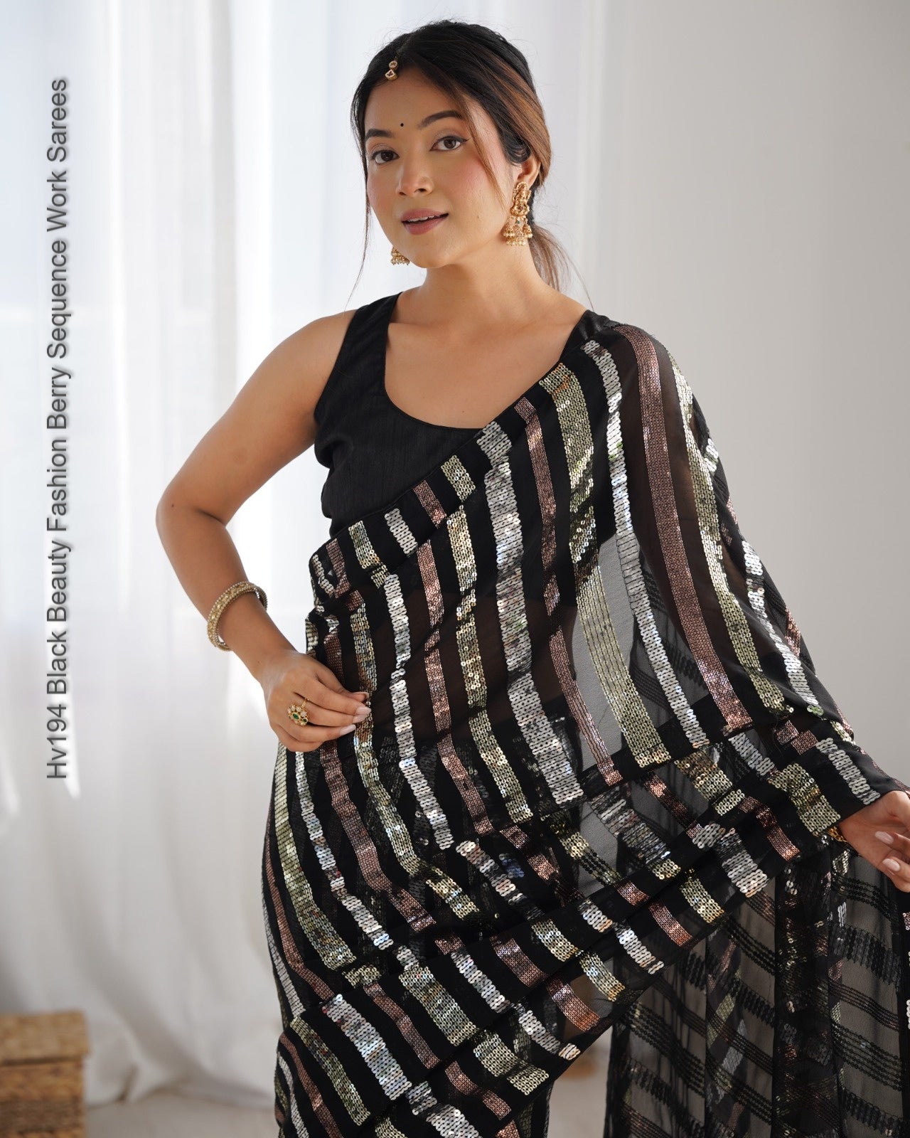 Hv194 Black Beauty Fashion Berry Sequence Work Sarees