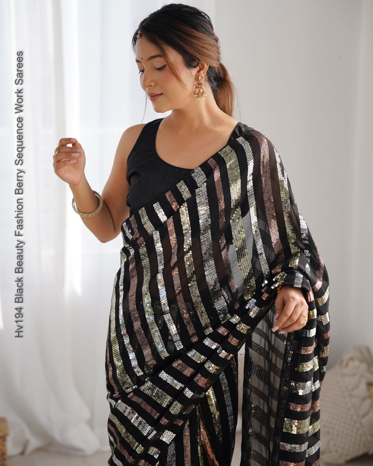 Hv194 Black Beauty Fashion Berry Sequence Work Sarees