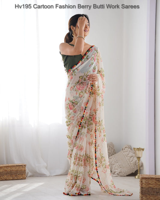 Hv195 Cartoon Fashion Berry Butti Work Sarees