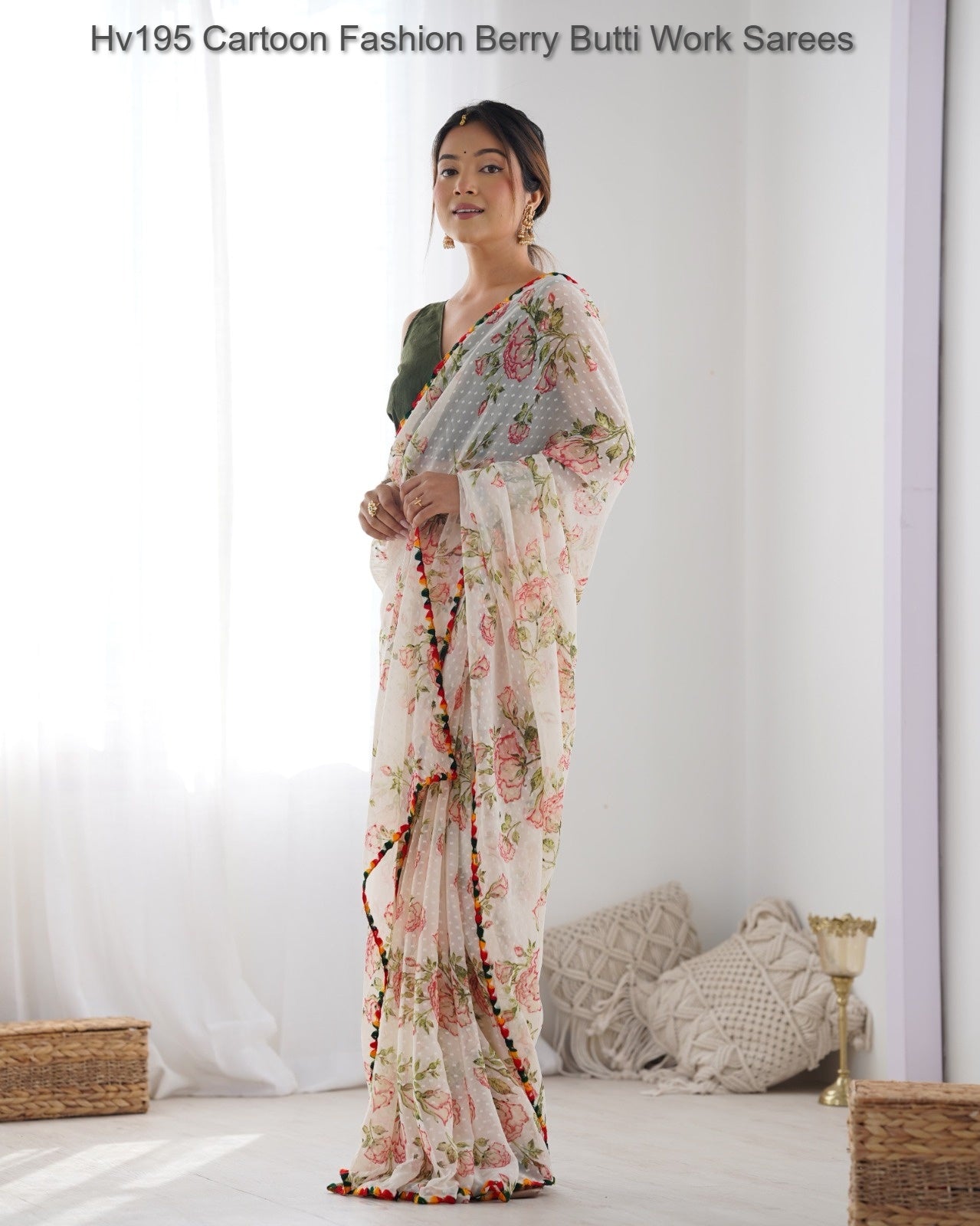 Hv195 Cartoon Fashion Berry Butti Work Sarees