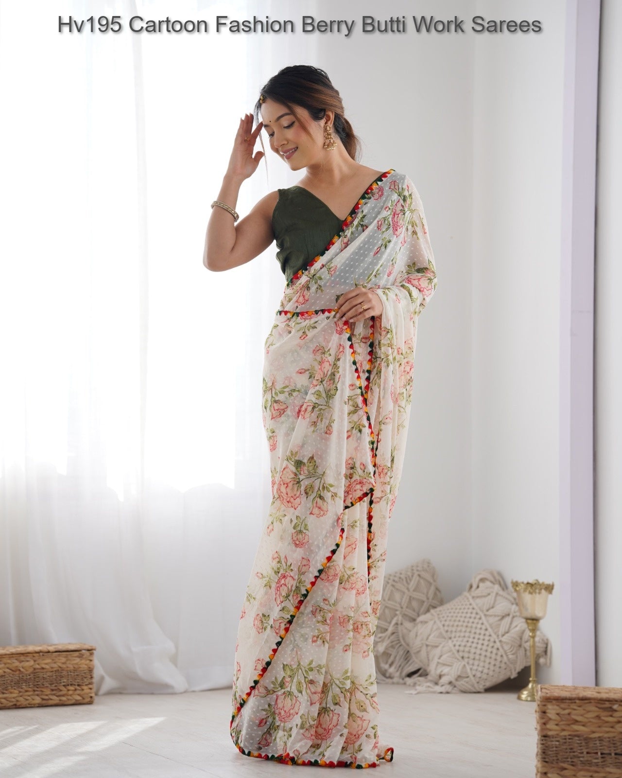 Hv195 Cartoon Fashion Berry Butti Work Sarees