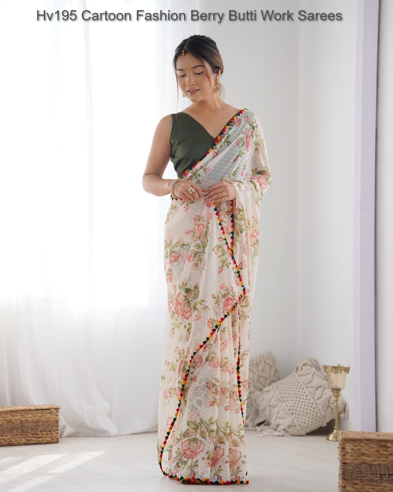 Hv195 Cartoon Fashion Berry Butti Work Sarees