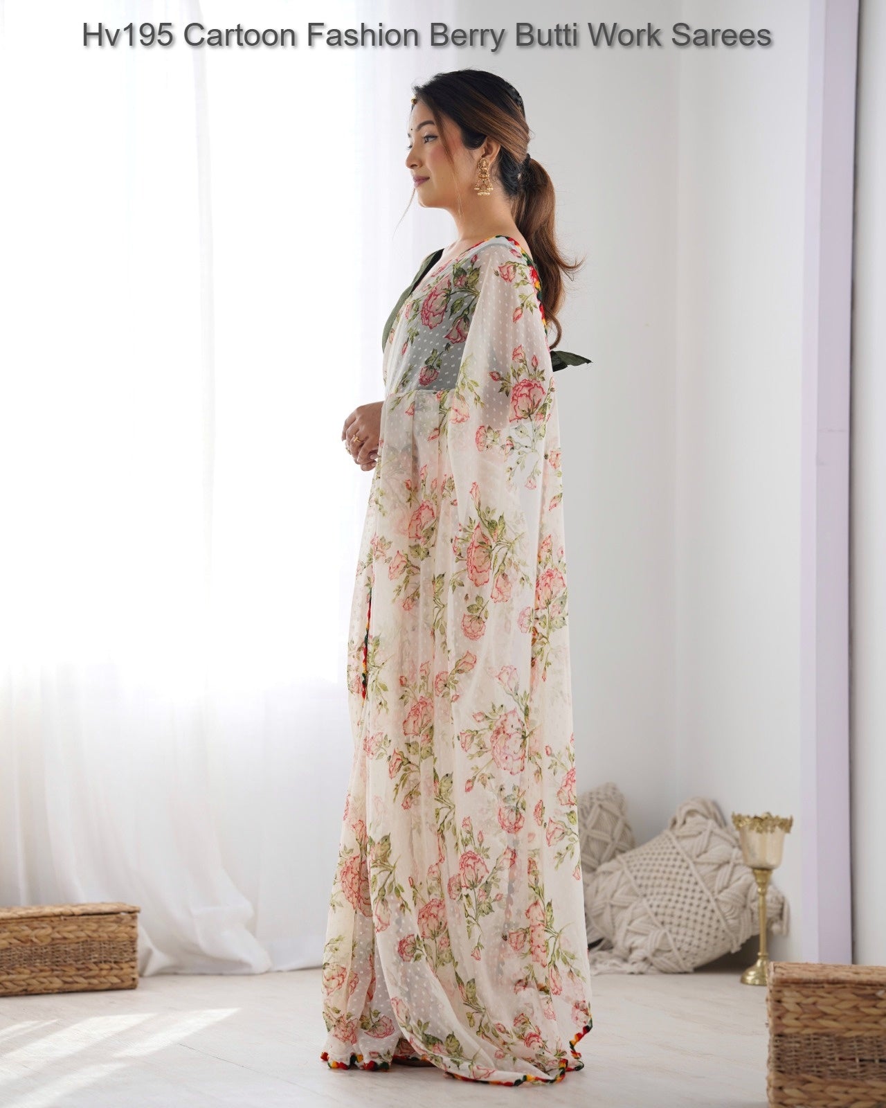 Hv195 Cartoon Fashion Berry Butti Work Sarees