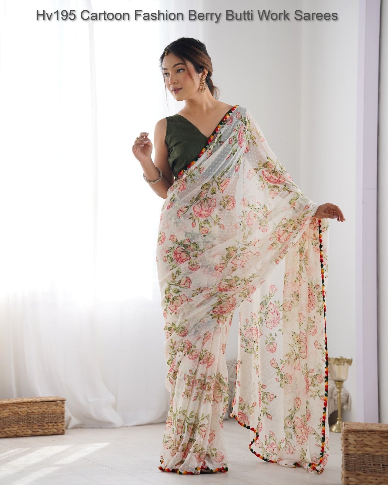 Hv195 Cartoon Fashion Berry Butti Work Sarees