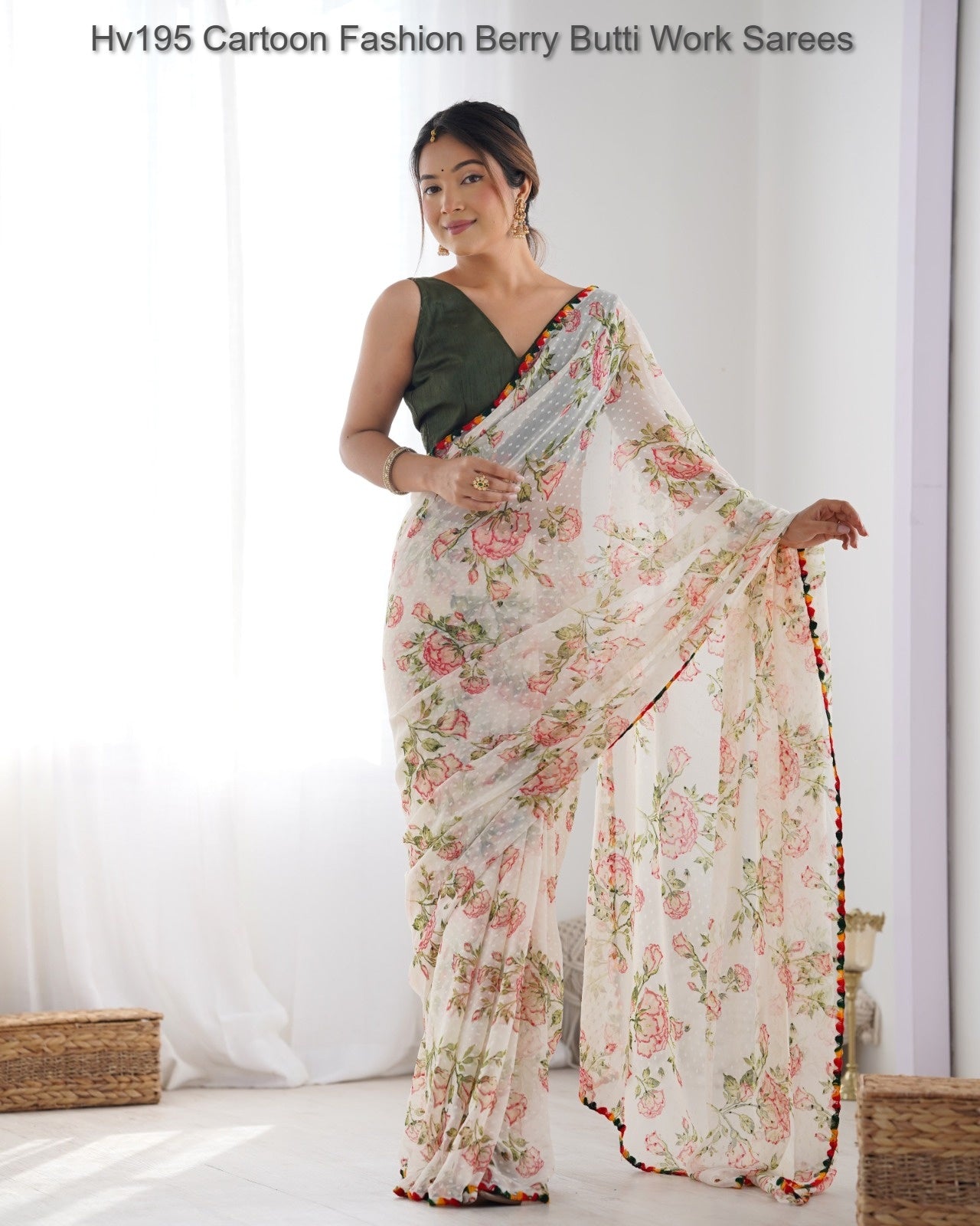 Hv195 Cartoon Fashion Berry Butti Work Sarees