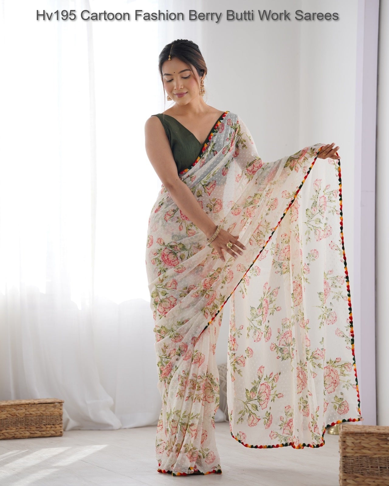 Hv195 Cartoon Fashion Berry Butti Work Sarees