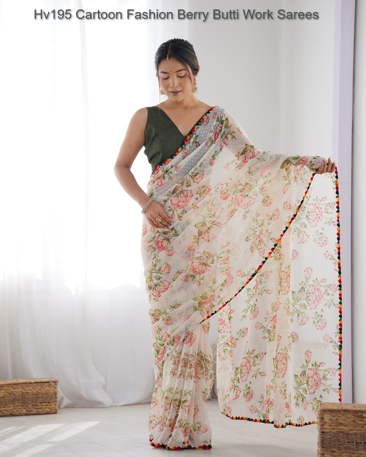 Hv195 Cartoon Fashion Berry Butti Work Sarees