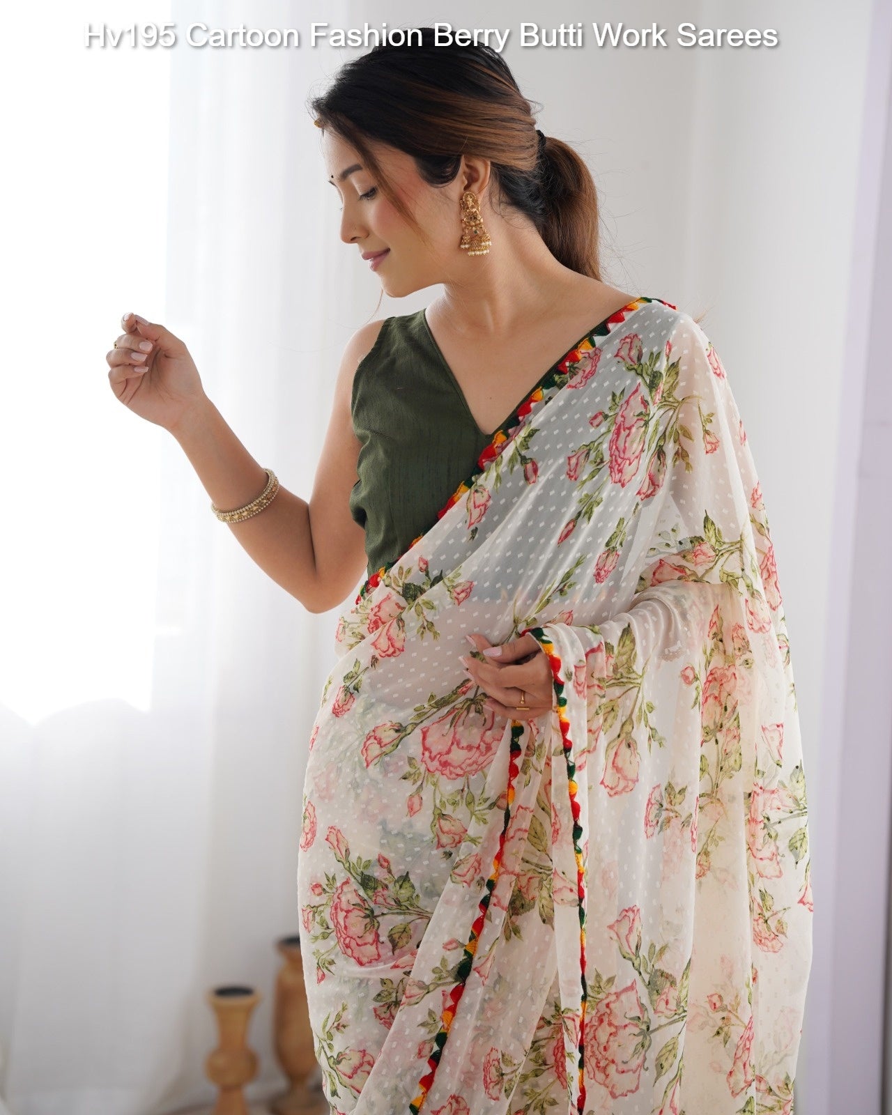 Hv195 Cartoon Fashion Berry Butti Work Sarees