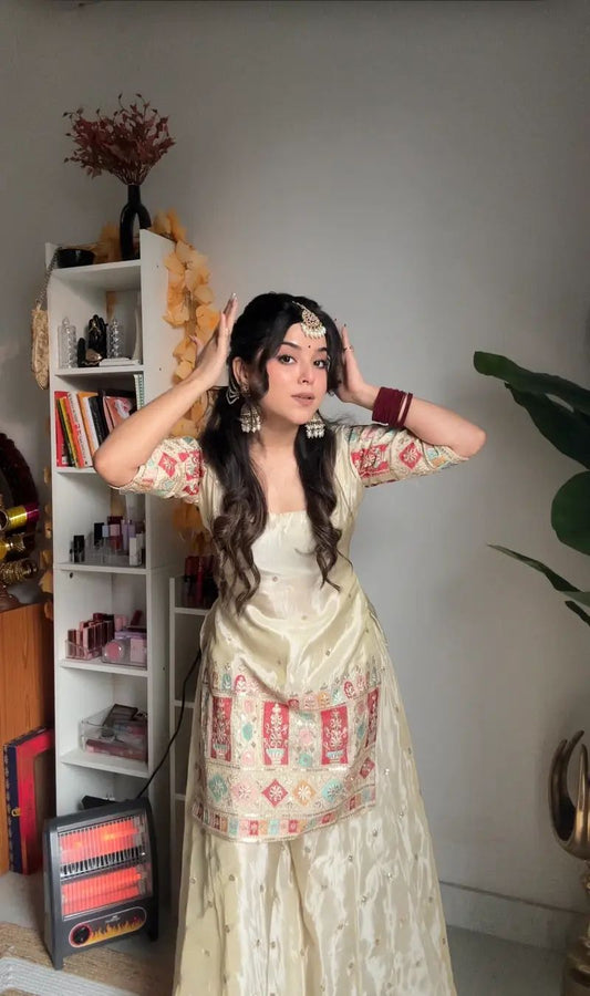 Chinon Silk Stkri Embroidery Work Readymade Suits