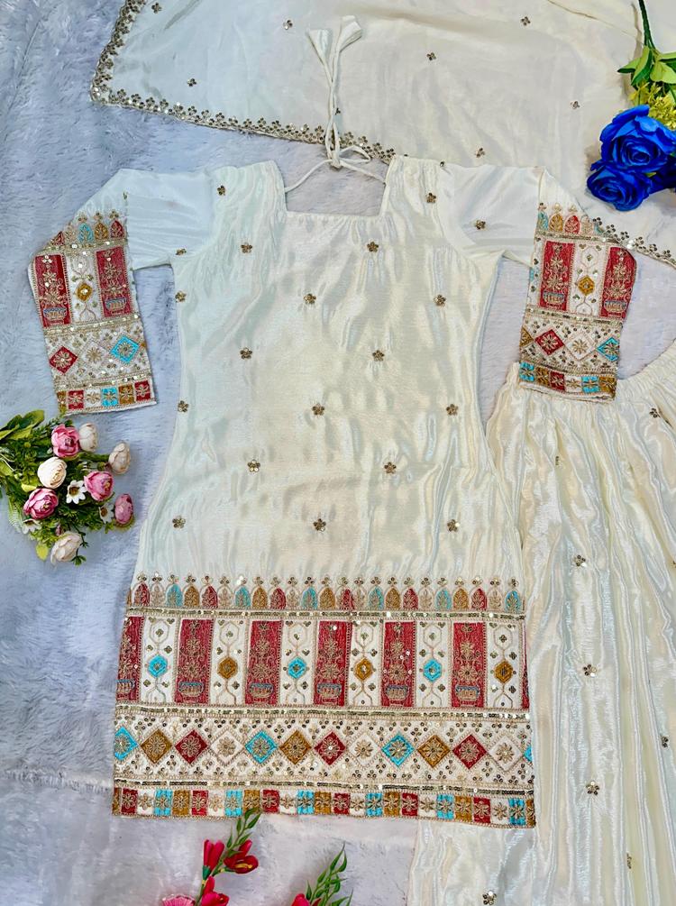 Chinon Silk Stkri Embroidery Work Readymade Suits