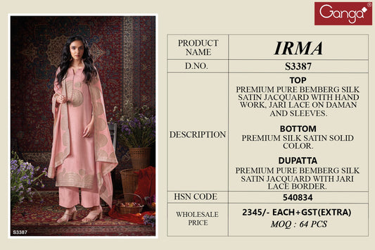 Irma 3387 Pink Ganga Satin Unstitched Suits