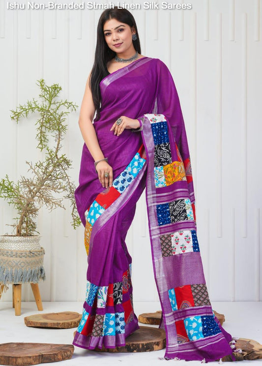Ishu Non-Branded Stmah Linen Silk Sarees