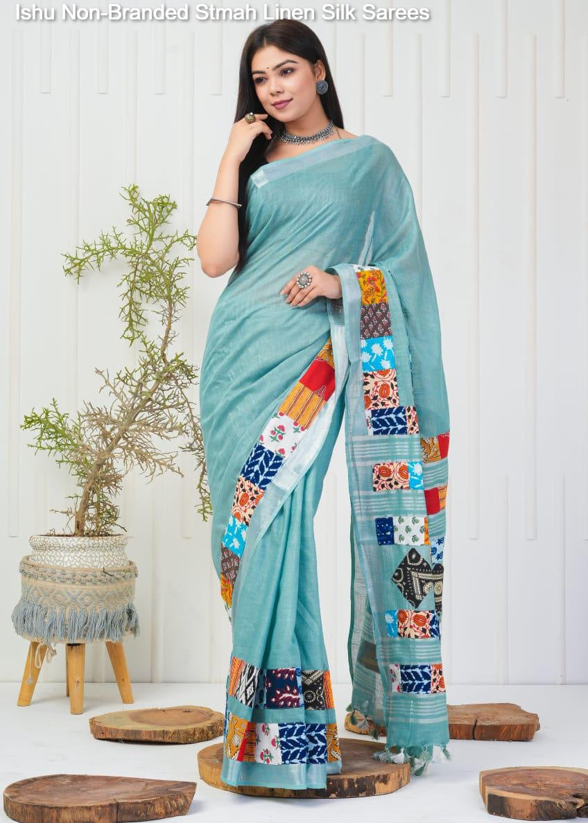 Ishu Non-Branded Stmah Linen Silk Sarees