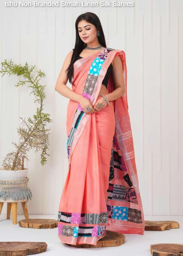 Ishu Non-Branded Stmah Linen Silk Sarees