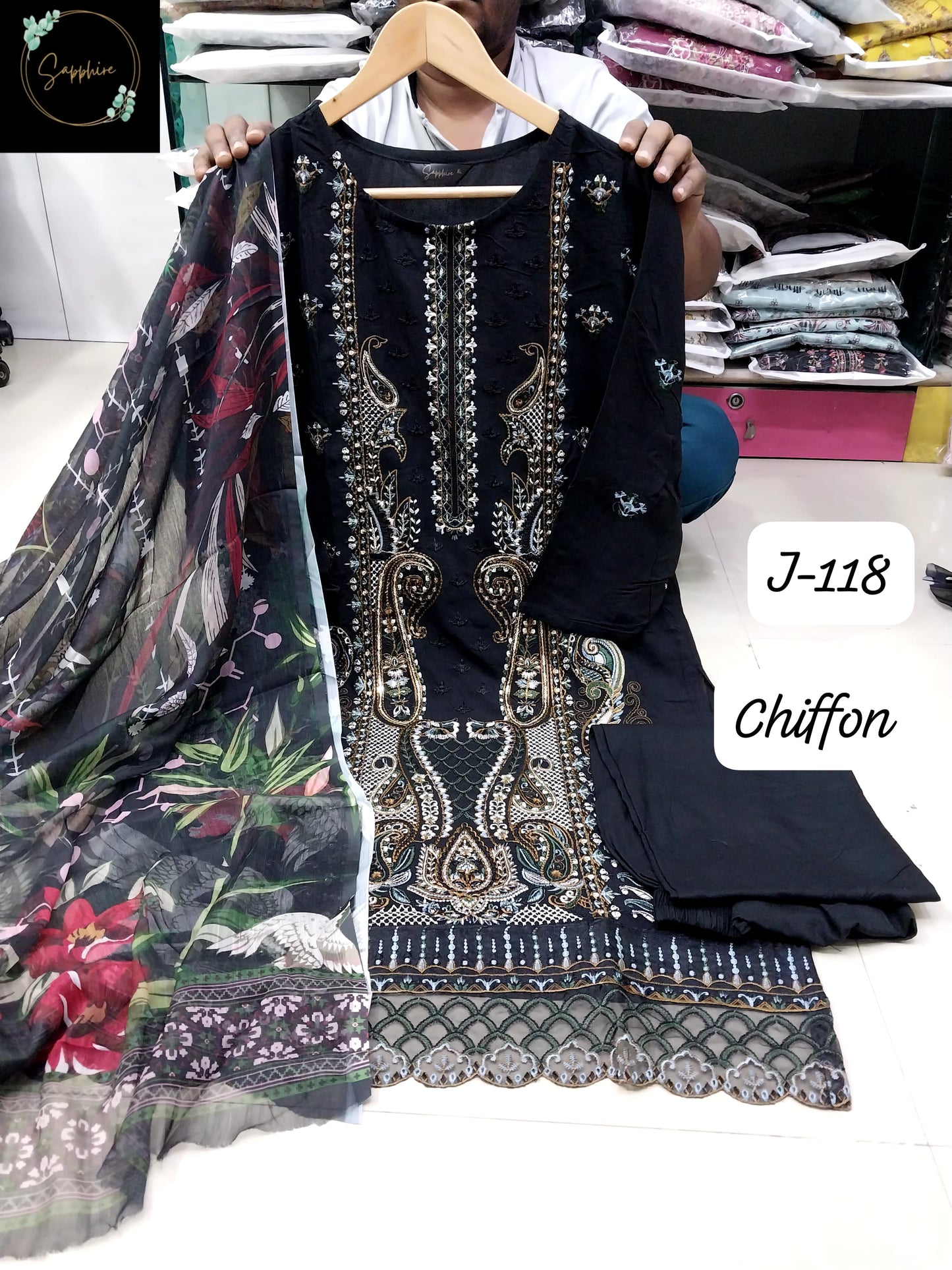 J-118 Navy Blue Sapphire Patches Pakistani Readymade Suits