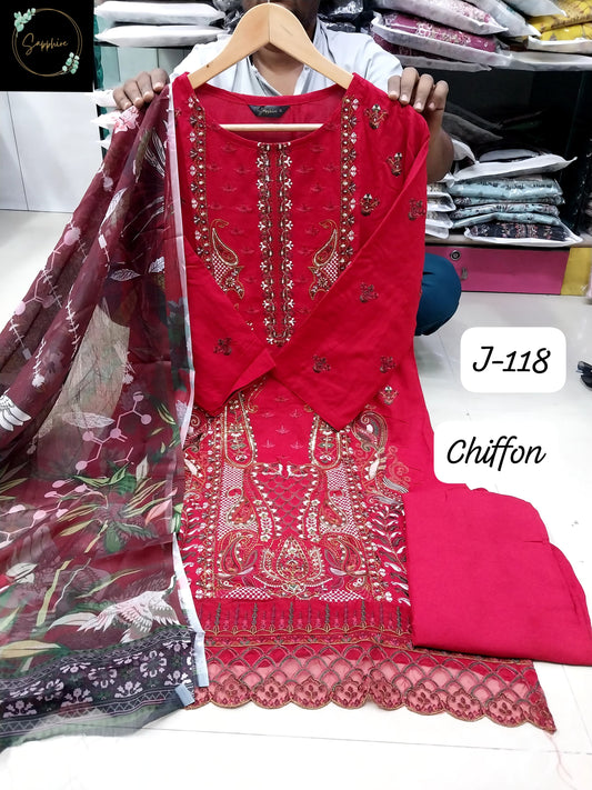 J-118 Red Sapphire Patches Pakistani Readymade Suits