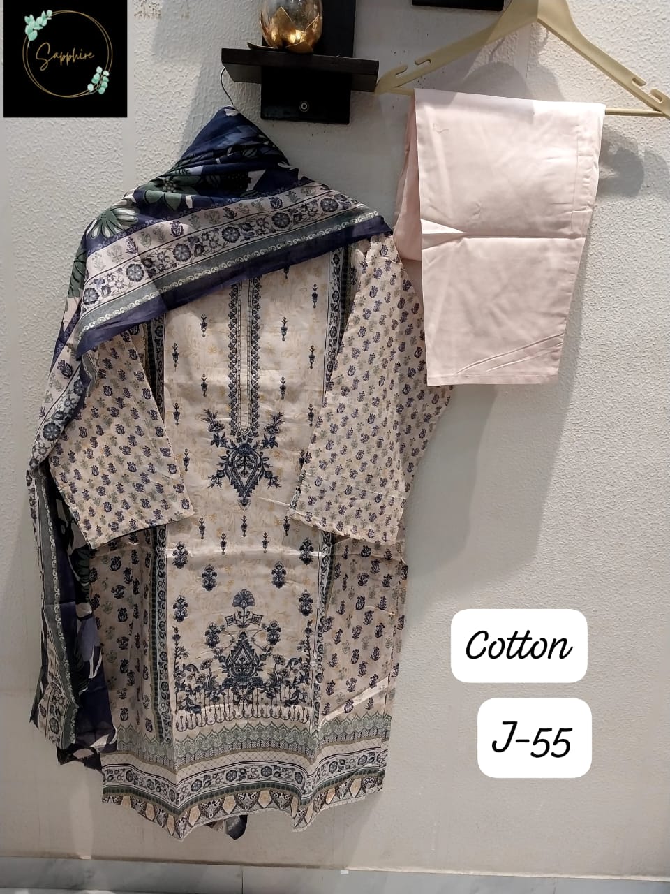 J-55 Cream Sapphire Pure Cotton Pakistani Readymade Suits