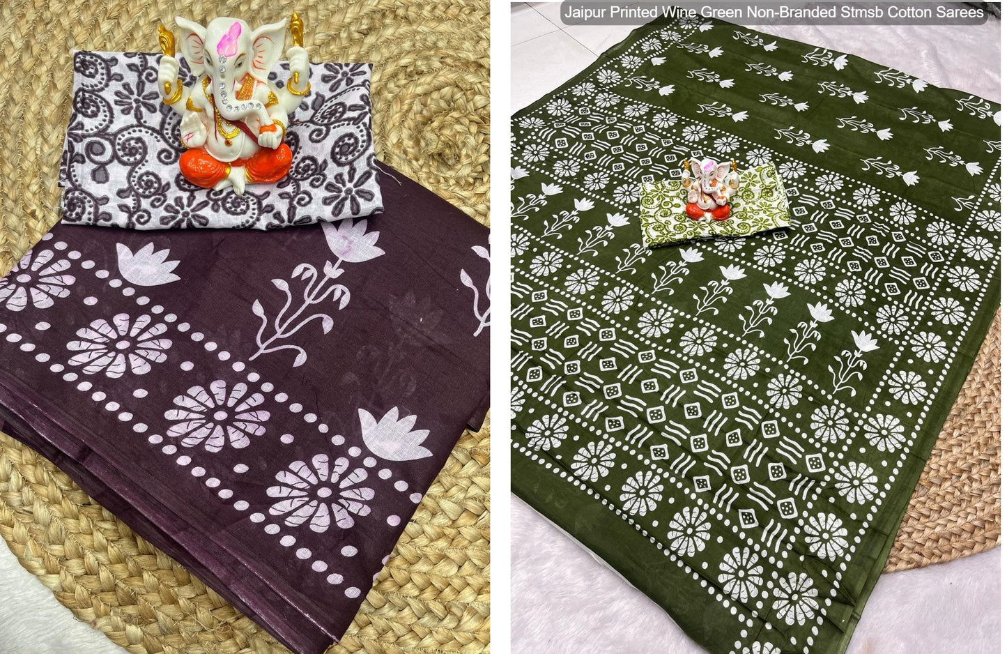 Jaipur Printed Wine Green Non-Branded Stmsb Cotton Sarees