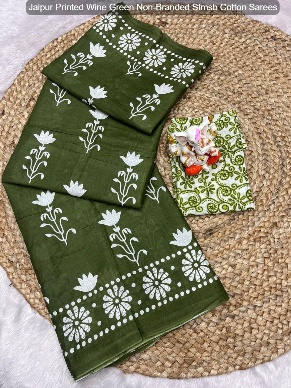 Jaipur Printed Wine Green Non-Branded Stmsb Cotton Sarees