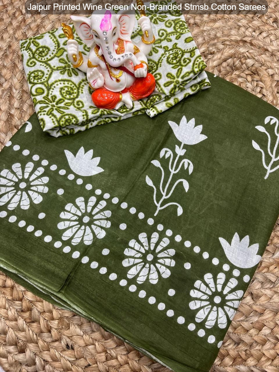 Jaipur Printed Wine Green Non-Branded Stmsb Cotton Sarees