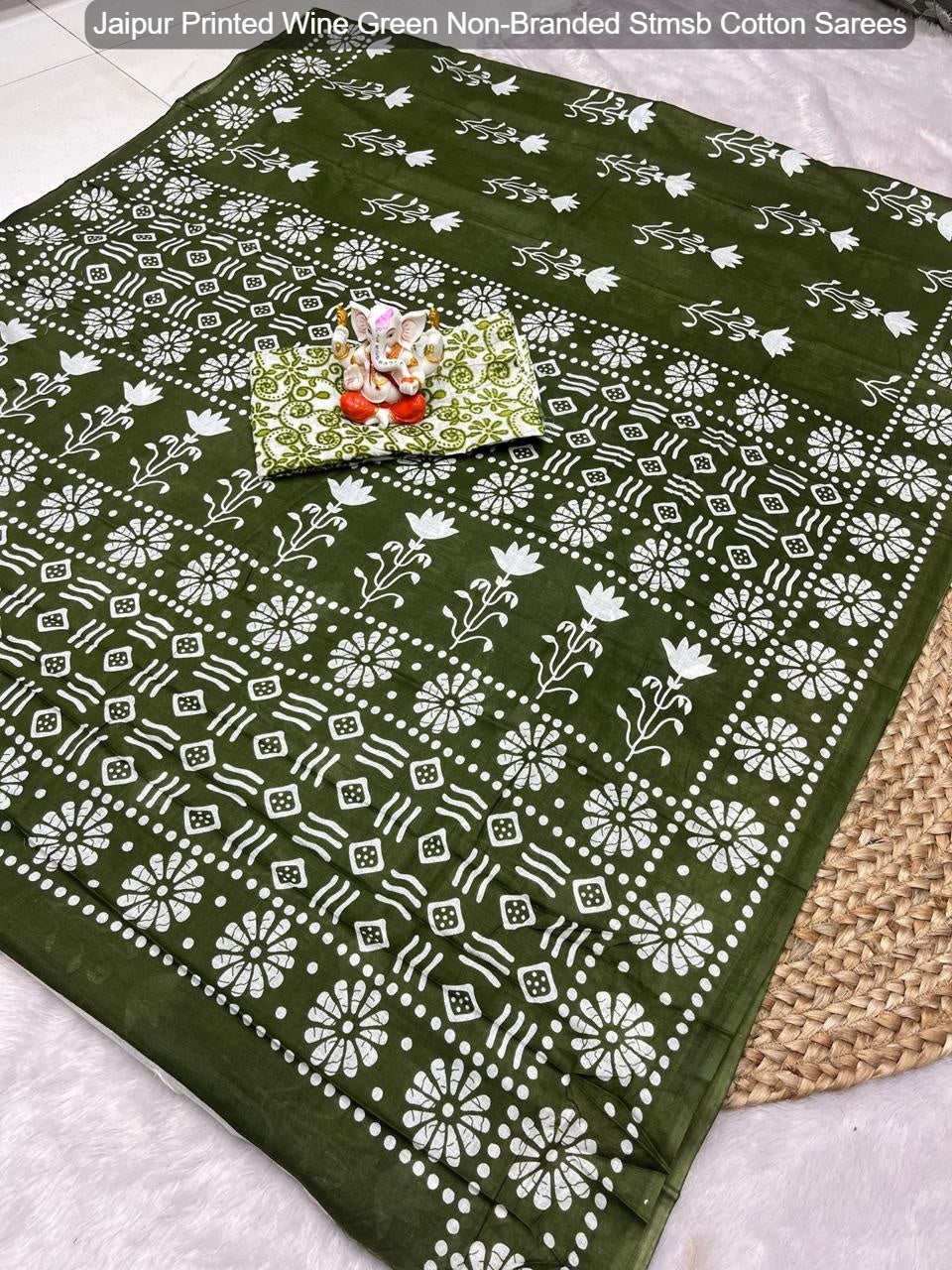 Jaipur Printed Wine Green Non-Branded Stmsb Cotton Sarees
