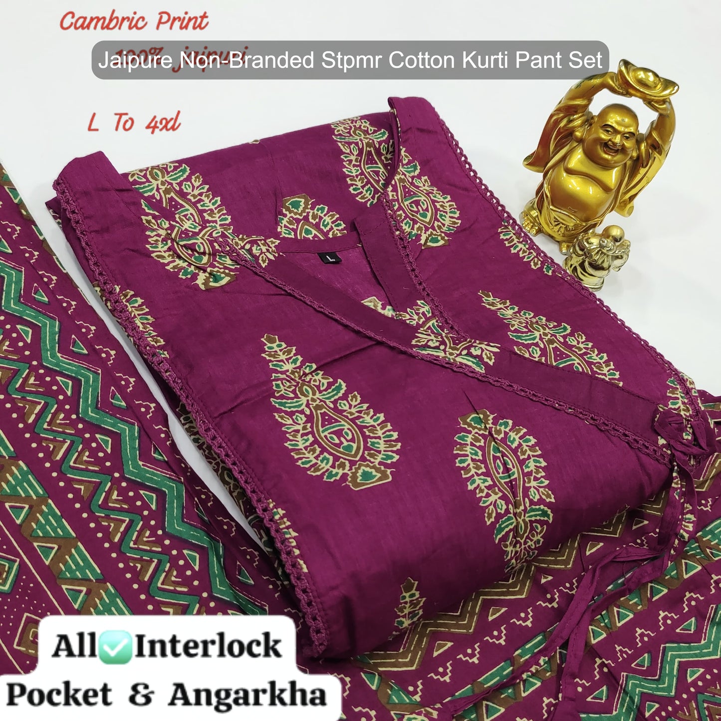 Jaipure Non-Branded Stpmr Cotton Kurti Pant Set