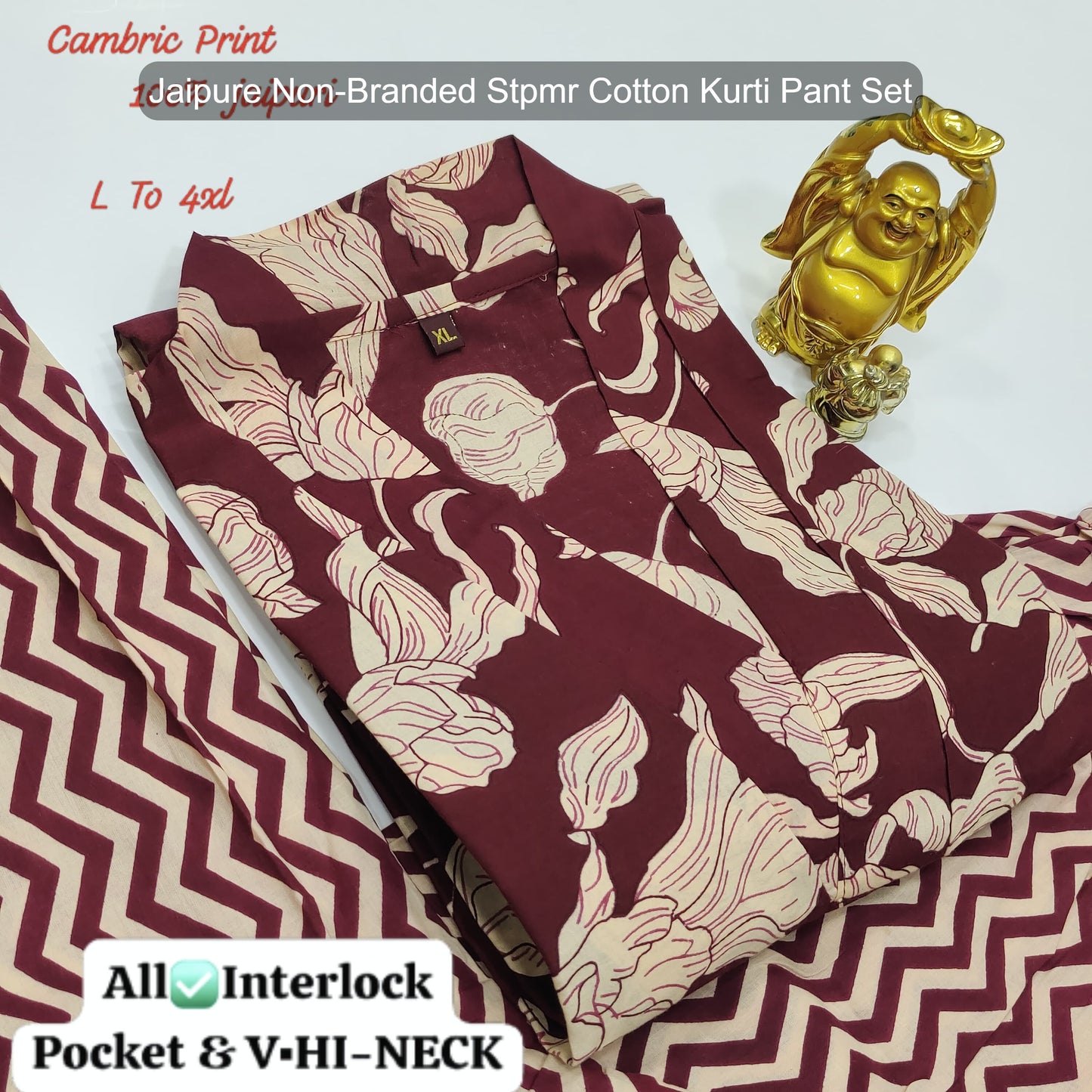 Jaipure Non-Branded Stpmr Cotton Kurti Pant Set