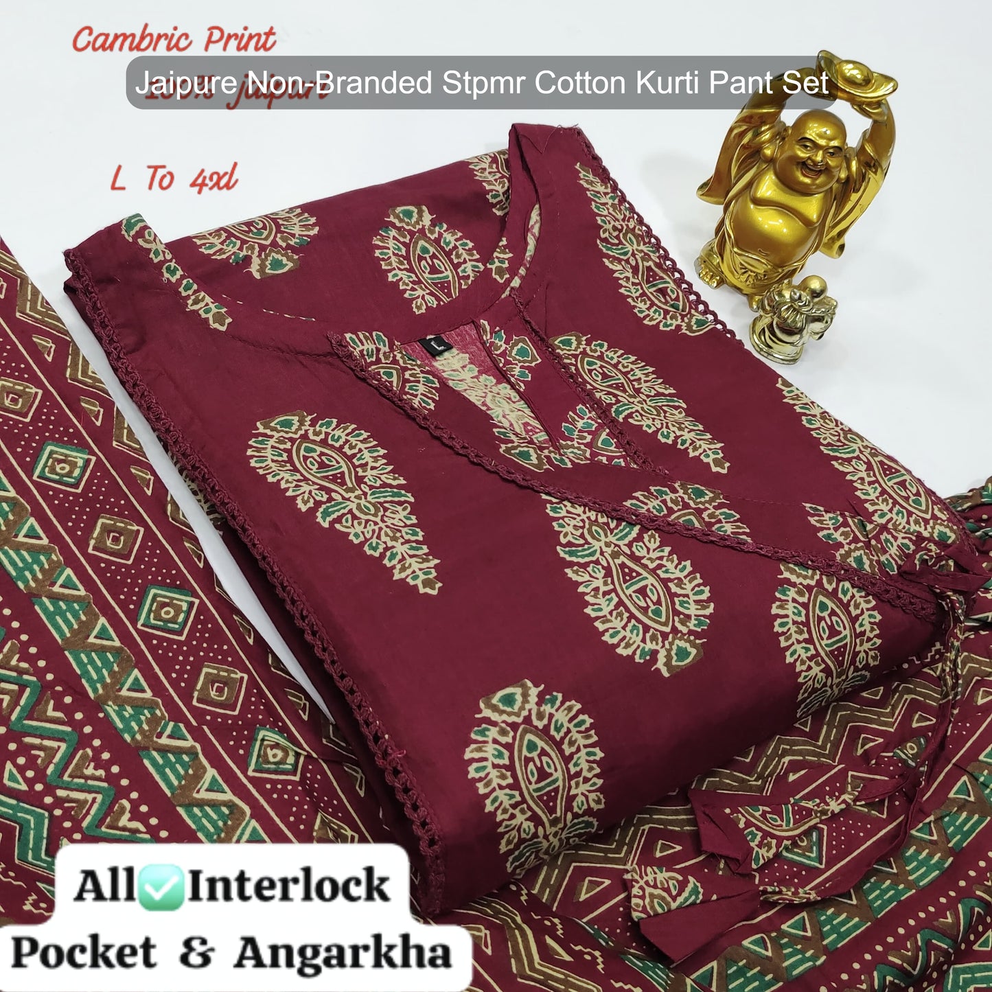 Jaipure Non-Branded Stpmr Cotton Kurti Pant Set