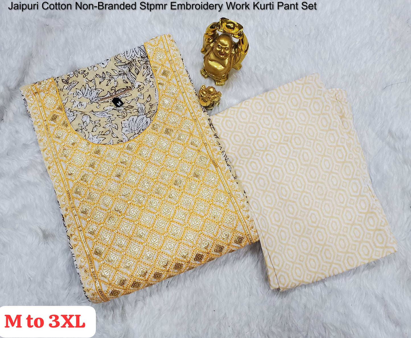 Jaipuri Cotton Non-Branded Stpmr Embroidery Work Kurti Pant Set