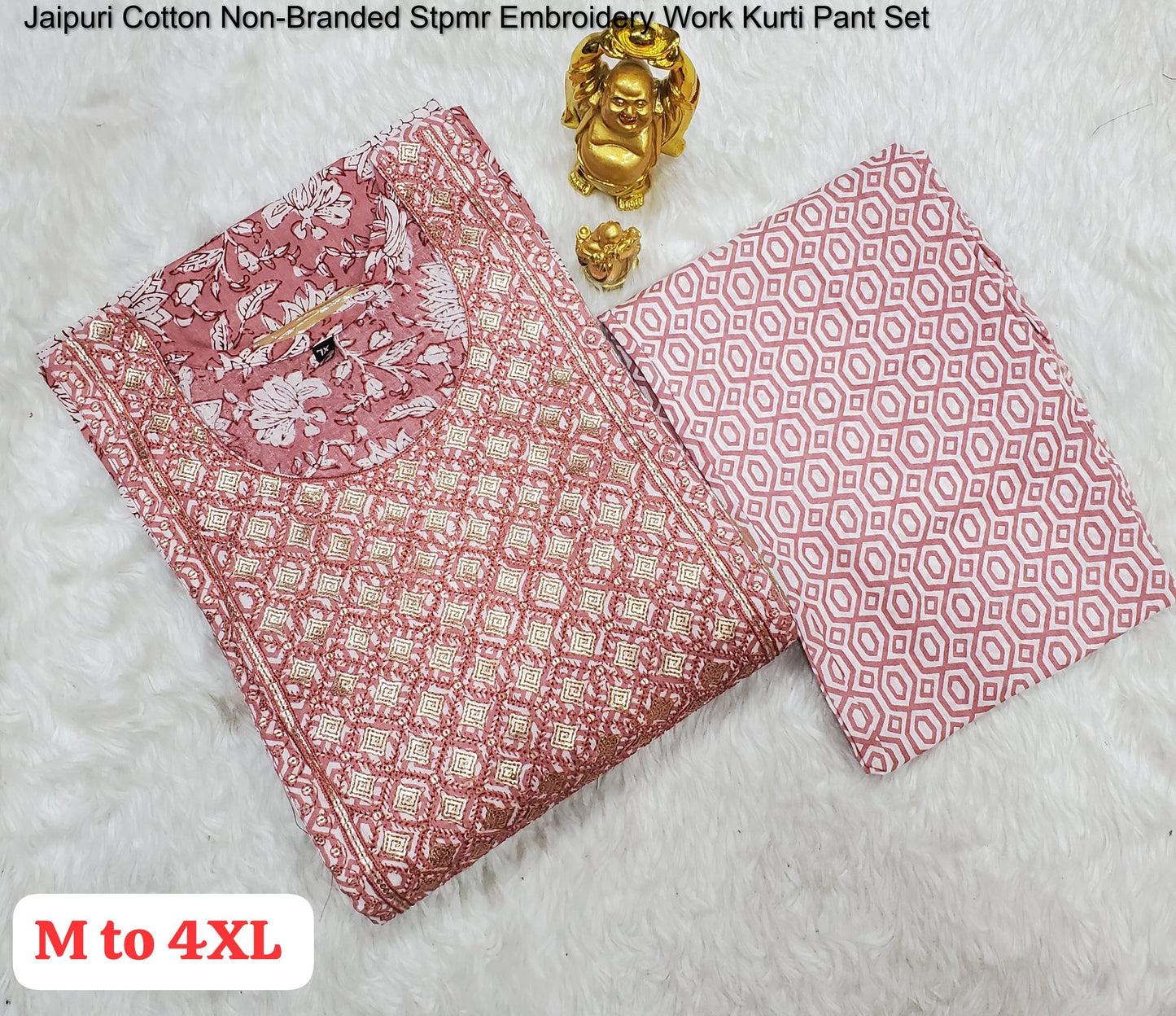 Jaipuri Cotton Non-Branded Stpmr Embroidery Work Kurti Pant Set