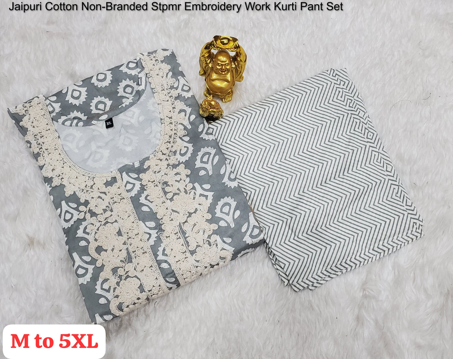 Jaipuri Cotton Non-Branded Stpmr Embroidery Work Kurti Pant Set