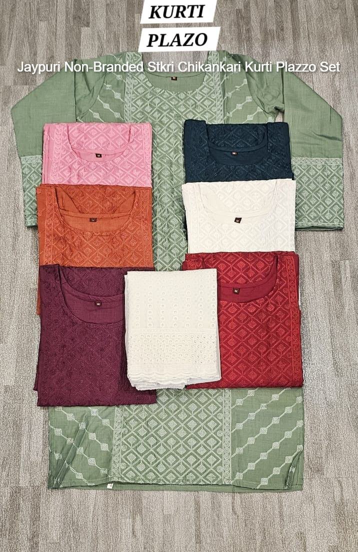 Jaypuri Non-Branded Stkri Chikankari Kurti Plazzo Set
