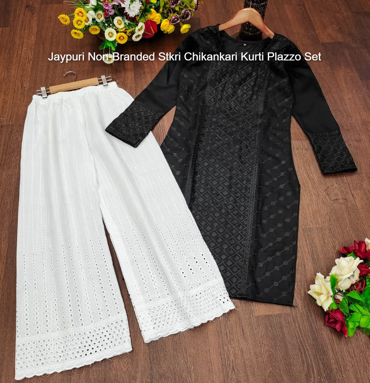 Jaypuri Non-Branded Stkri Chikankari Kurti Plazzo Set