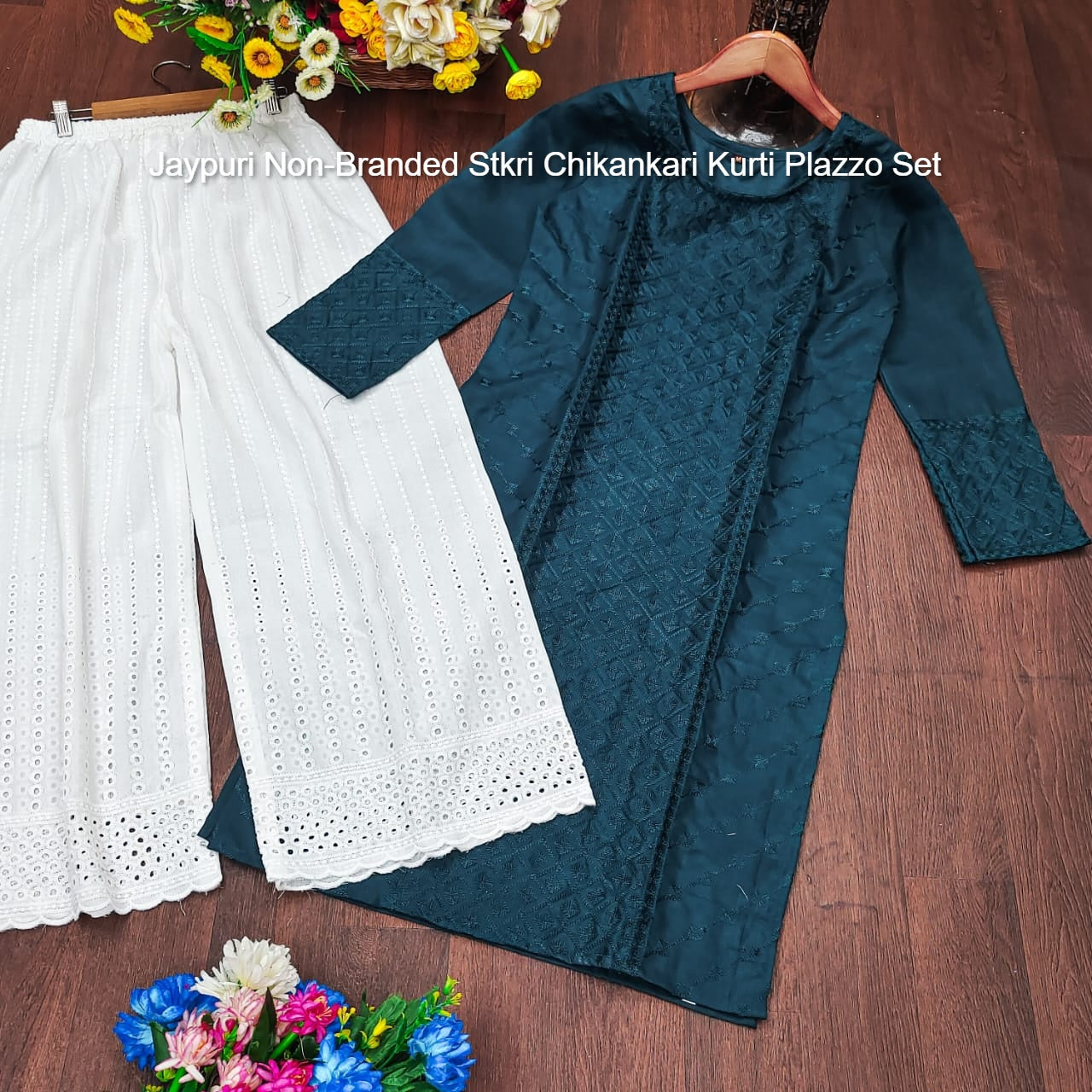 Jaypuri Non-Branded Stkri Chikankari Kurti Plazzo Set