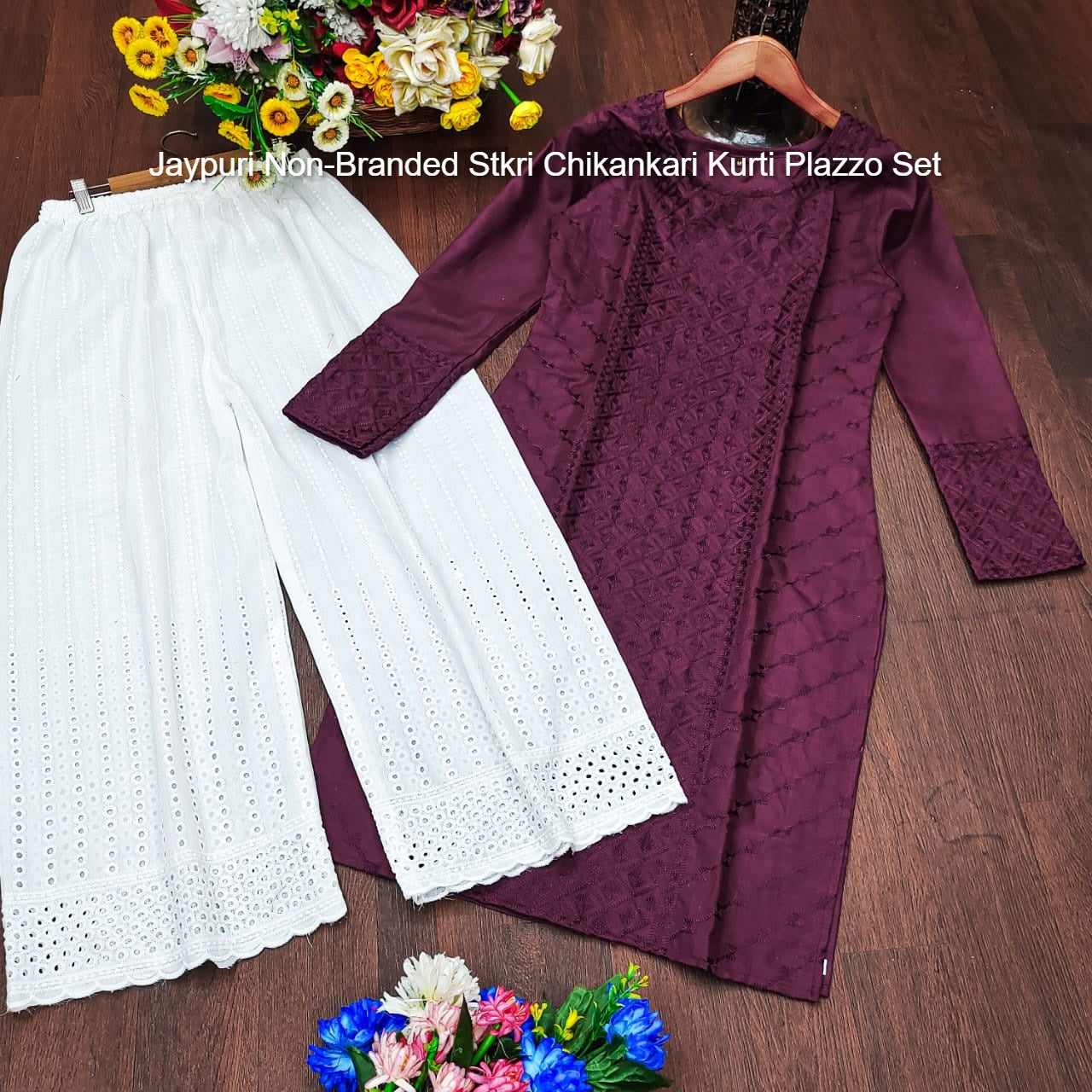 Jaypuri Non-Branded Stkri Chikankari Kurti Plazzo Set