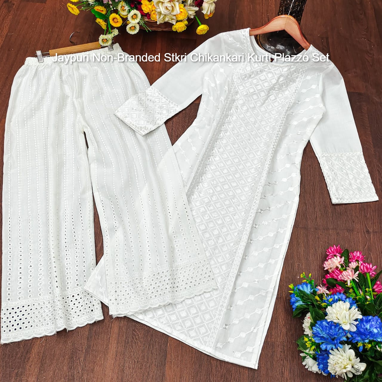Jaypuri Non-Branded Stkri Chikankari Kurti Plazzo Set