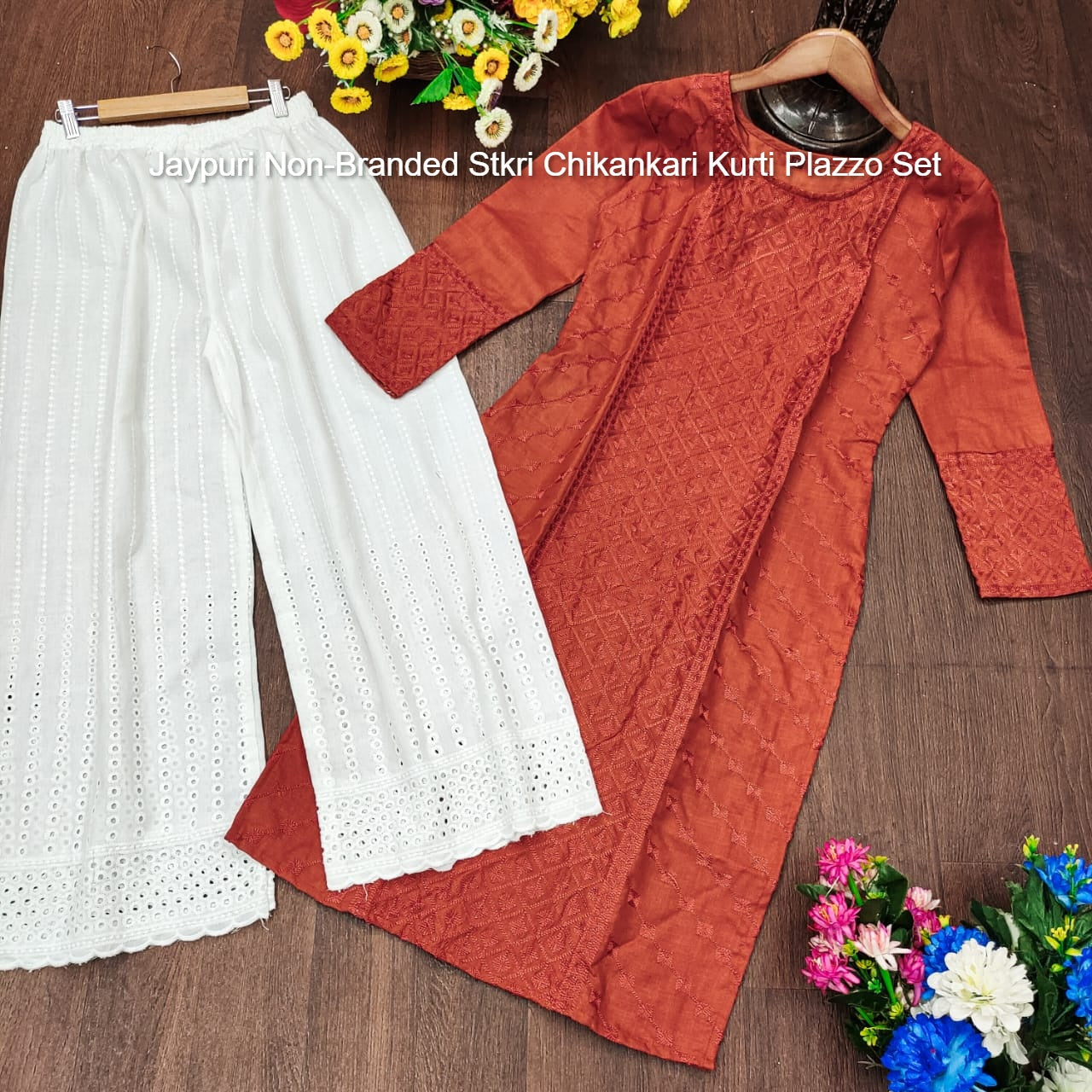 Jaypuri Non-Branded Stkri Chikankari Kurti Plazzo Set