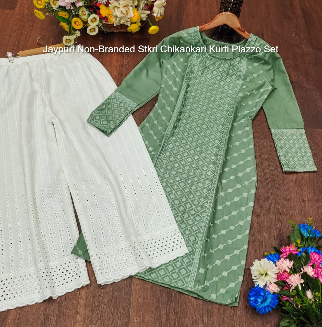 Jaypuri Non-Branded Stkri Chikankari Kurti Plazzo Set