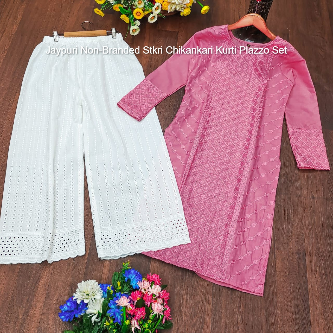 Jaypuri Non-Branded Stkri Chikankari Kurti Plazzo Set