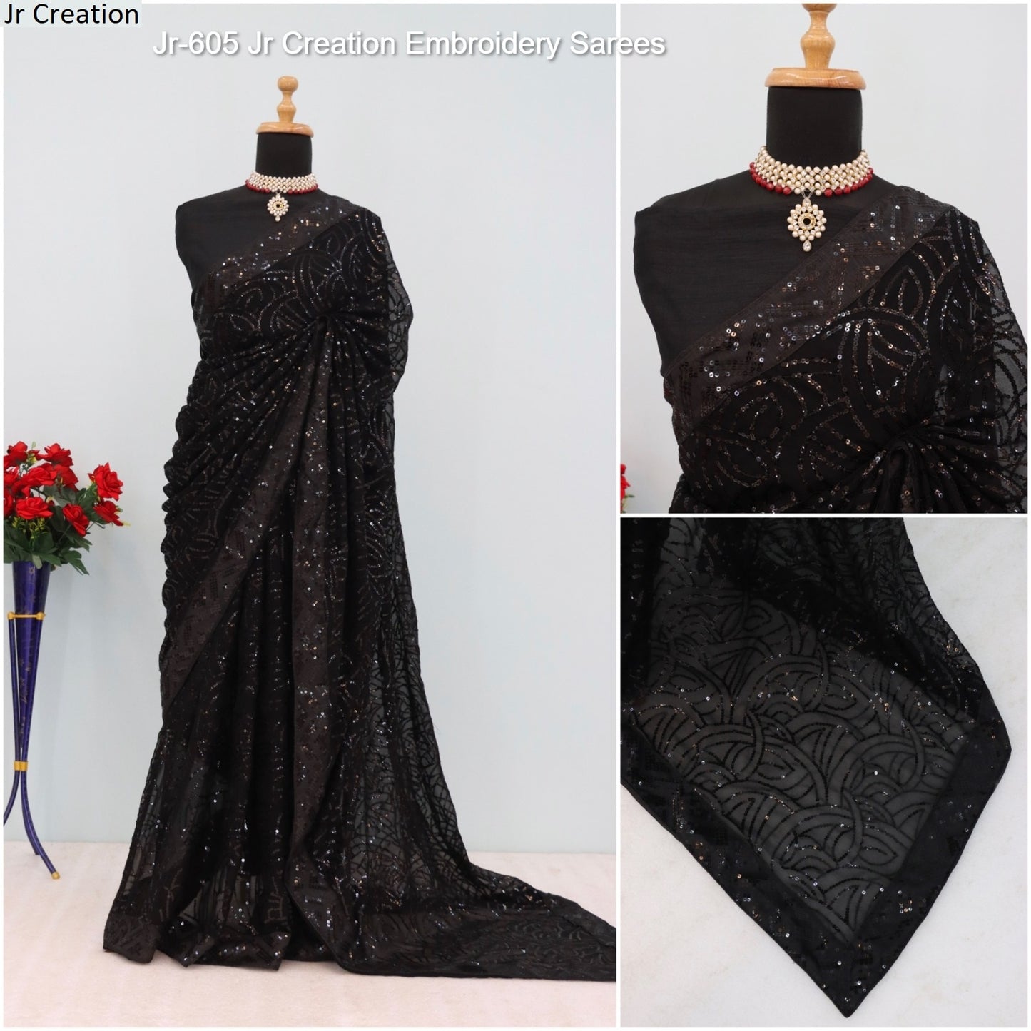 Jr-605 Black Jr Creation Embroidery Sarees