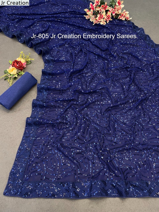 Jr-605 Blue Jr Creation Embroidery Sarees
