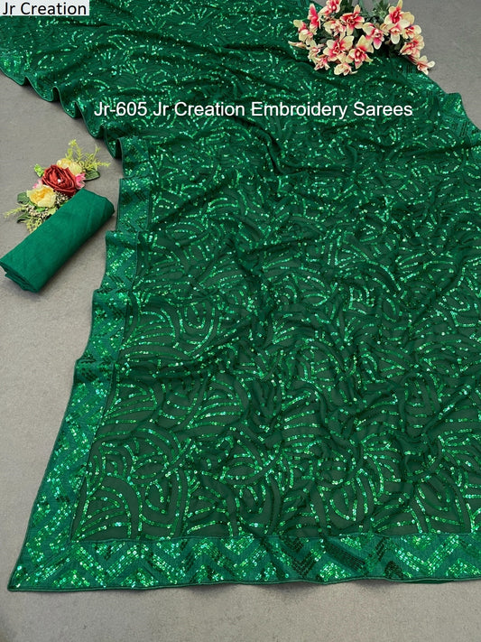 Jr-605 Green Jr Creation Embroidery Sarees