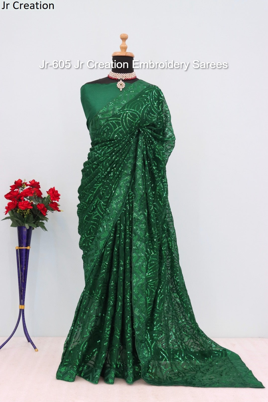Jr-605 Green Jr Creation Embroidery Sarees